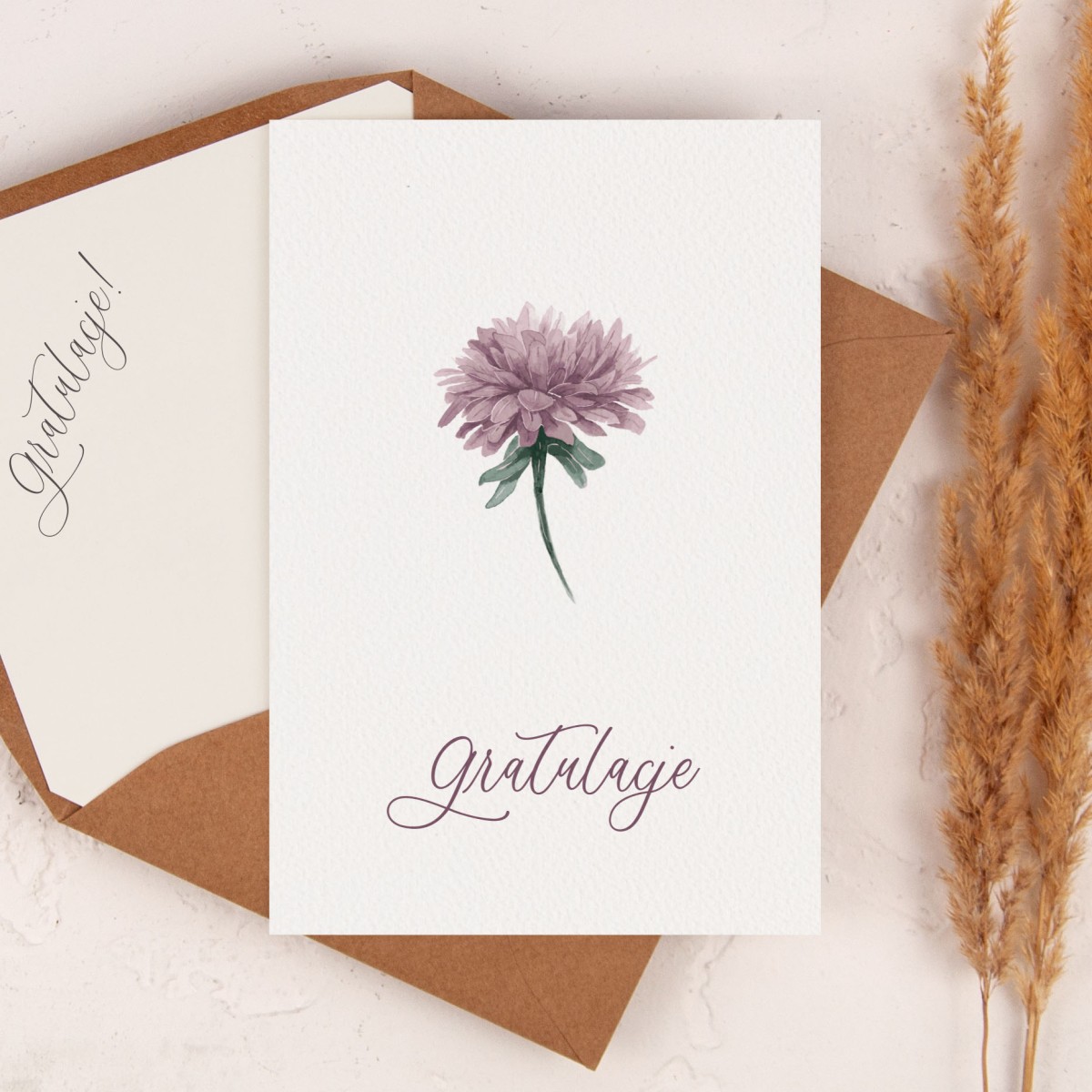 Personalizowana Minimalistyczna Kartka na ślub z grafiką fioletowego kwiatu - Purple Flower